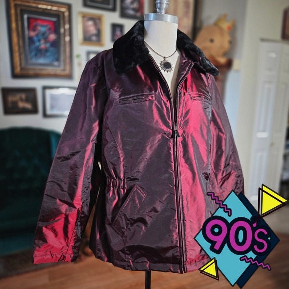 Vintage 90s Venezia Jeans Metallic Burgundy Jacket Faux Fur Collar Plus - Picture 1 of 7